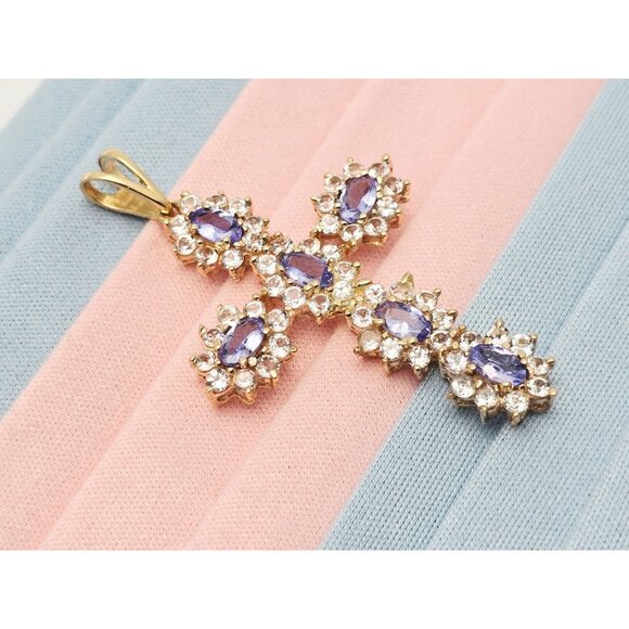 Unique 10K Karat Solid Yellow Gold Religious Tanzanite & CZ Cross Pendant Charm - Picture 2 of 13